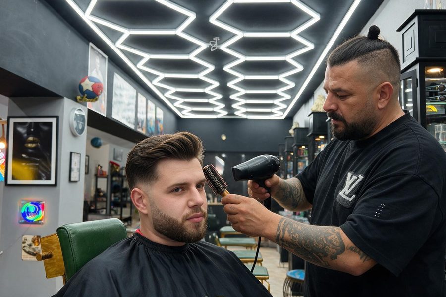 Engin föhnt einem Kunden das Haar in Form